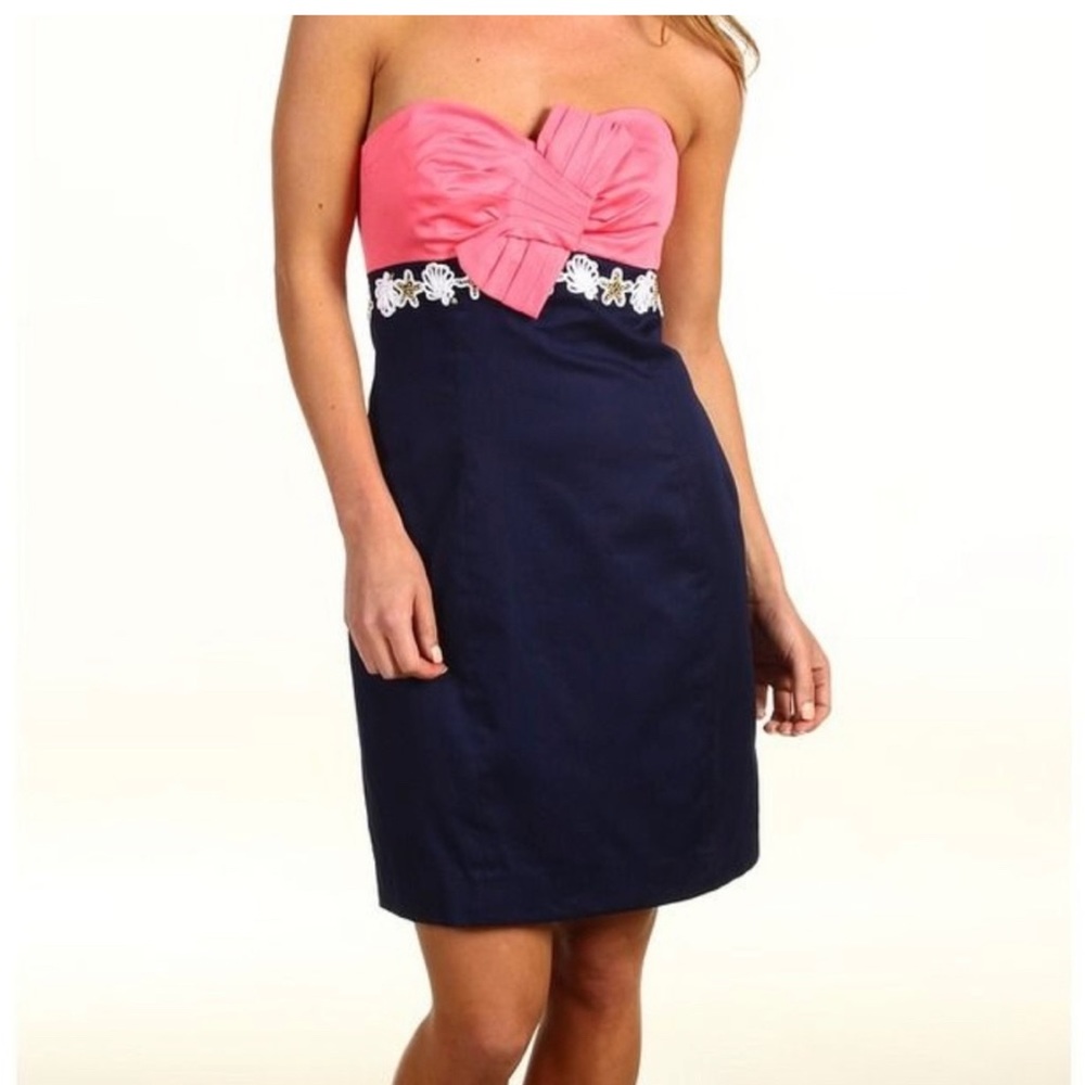 Lilly Pulitzer Strapless Dress in Coral and Navy- Seashell